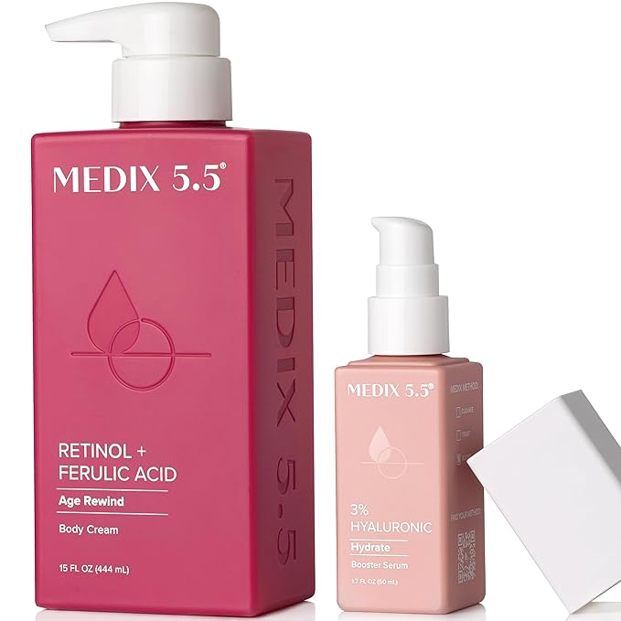 Medix 5.5 Retinol Body Lotion + 3% Hyaluronic Acid Booster Serum Moisturizer Skin Care Set, Crepey Skin Care Treatment, Retinol Body Cream, Retinol Cream Targets Sagging Crepe Skin & Wrinkles, 2PC