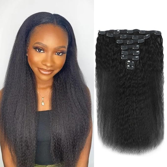 LUMIERE Kinky Straight Clip Ins Real Human Hair Clip In Hair Extensions Grade 10A Brazilian Remy Hair 8Pcs With 20 Clips Double Wefts Thick and Softt Natural Black 20 Inch