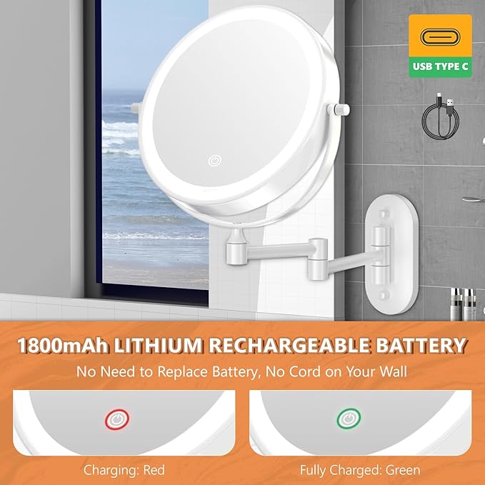 1X/20X Wall Mounted Makeup Mirror with Light, 8" Double-Sided Magnifying Mirror, 3 Color Lights Touch Dimmable Vanity Mirror with 360° Extension Rotation Foldable 14.5 Inch Arm for Bathroom