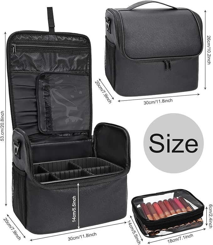 TANTO Makeup Train Case, Large Makeup Bag, Travel Makeup Organizer, Professional Cosmetic Case, Black Leather PU, Adjustable Dividers, Dustproof Design, Waterproof Material, 11.8x9.8x7.8 inches