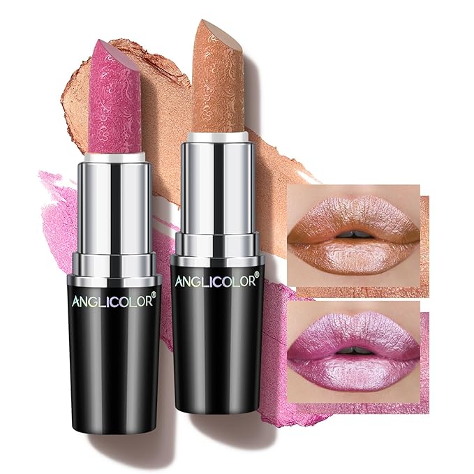 Angicolour 2pcs Glitter Lipstick - Nude & Pink, Creamy Moisturizing Formula, Metallic Finish, Vegan & Cruelty-Free, Full-Coverage Lip Color
