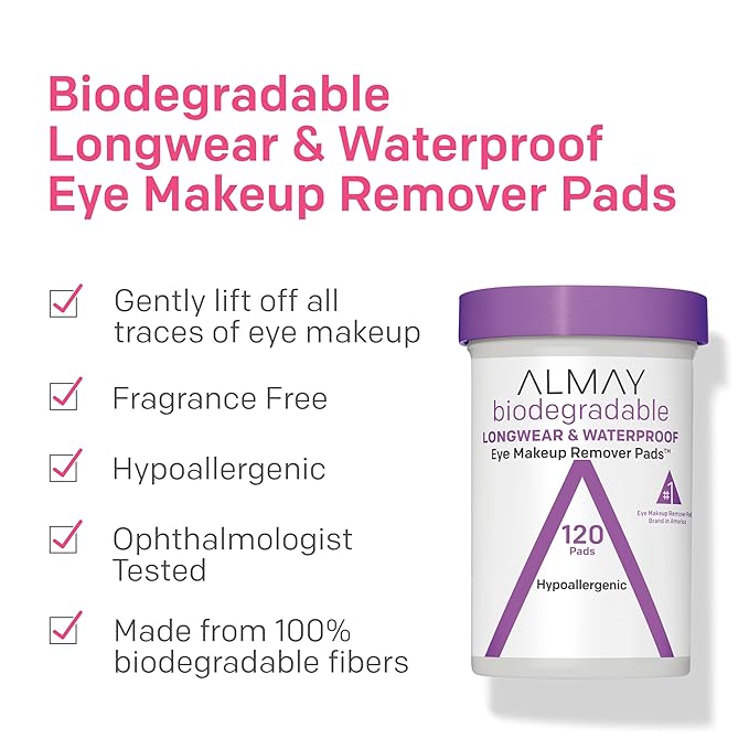 Almay Biodegradable Makeup Remover Pads, Longwear & Waterproof, Hypoallergenic, Fragrance-Free, Dermatologist & Ophthalmologist Tested, 120 Count (Pack of 2)