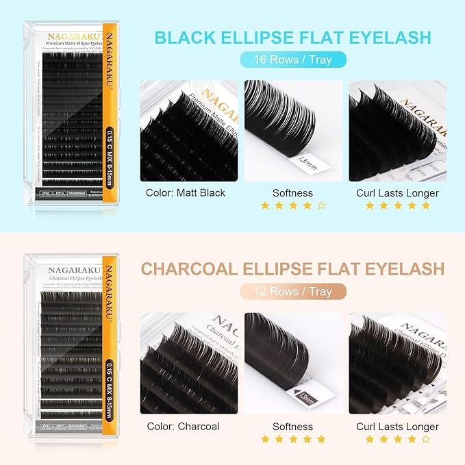 NAGARAKU Double Tips Ellipse Eyelash Extensions Lighter Thinner Flat Split Tips Individual Lash 0.15mm D curl 13mm Matte Black Faux Mink Classic False Lash Supplies 16 Rows