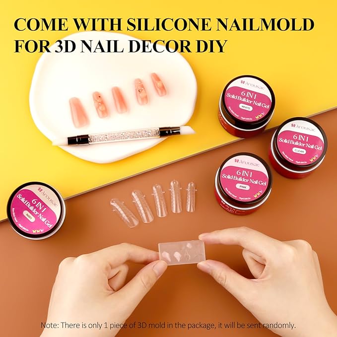 Solid Builder Nail Gel Kit, 4 Colors Non Stick Nail Extension Gel Set, Clear White Pink Apricot Nail Gel with Powder and Decorations Manicure Tools DIY at Home for Professional Salon