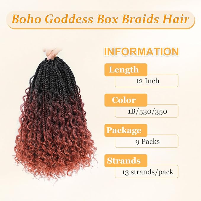 9 Packs Goddess Box Braids Crochet Hair Boho Crochet Box Braids With Curly Ends Crochet Hair For Black Women, 12 Inch Pre Looped Bohemian Crochet Box Braids Hair (12Inch 9 Packs,1B/530/350)