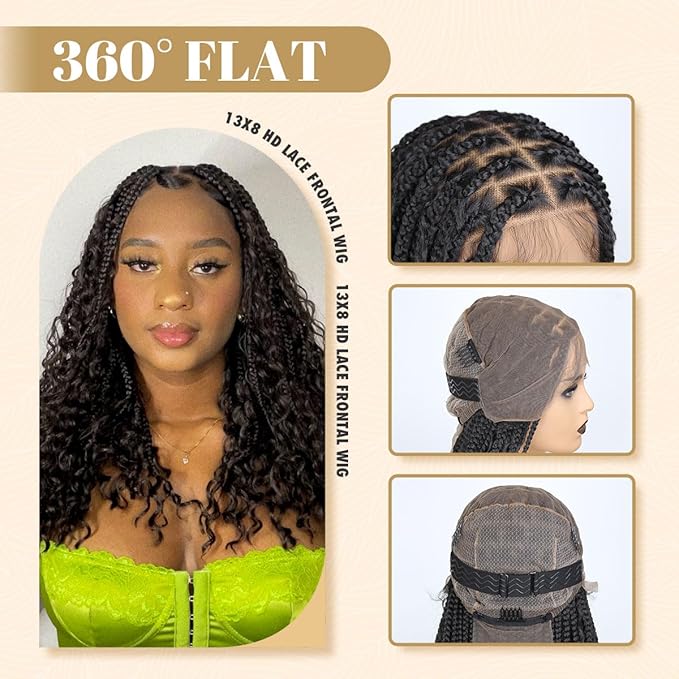 13x8 HD Lace Boho Braided Wigs for Black Women, 18 inch Knotless Box Braid Wig with Curly Hair, Medium Boho Box Braid Wig