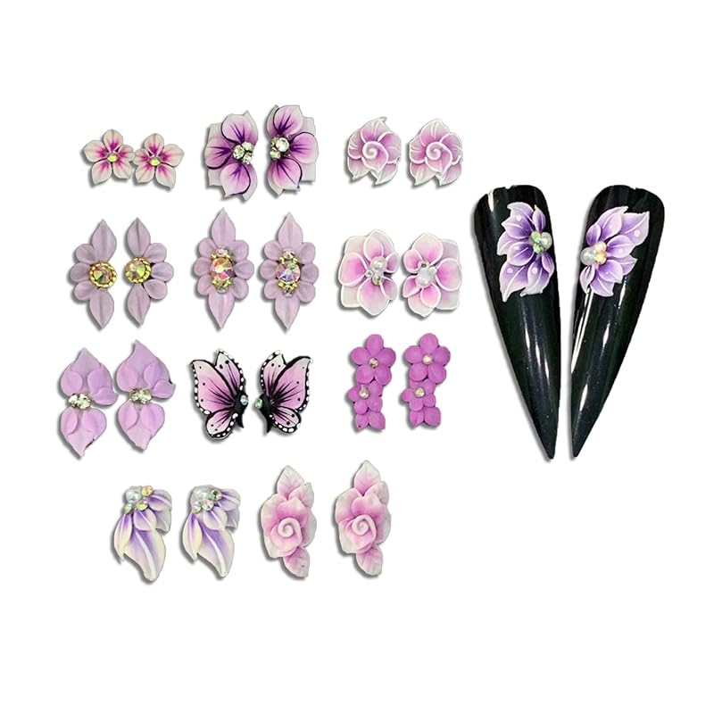 3D Acrylic Violet Flower Nail Art Charms Handmade by Acrylic Powder - 24pcs 3D Flowers Nails Rhinestones Kit 3D Crystal Nail Pearls Design Acrylic Nail Art for Women (Violet)