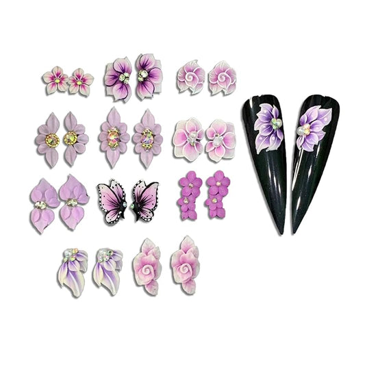 3D Acrylic Violet Flower Nail Art Charms Handmade by Acrylic Powder - 24pcs 3D Flowers Nails Rhinestones Kit 3D Crystal Nail Pearls Design Acrylic Nail Art for Women (Violet)