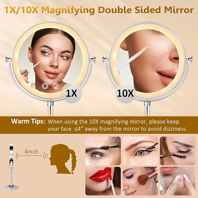 8" Lighted Makeup Mirror,1X/10X 4000mAh Rechargeable Double Sided HD Magnifying Mirror with 3 Colors Stepless Dimming,360°Rotation Touch Screen Vanity Mirror with Memory Function,Women Gift