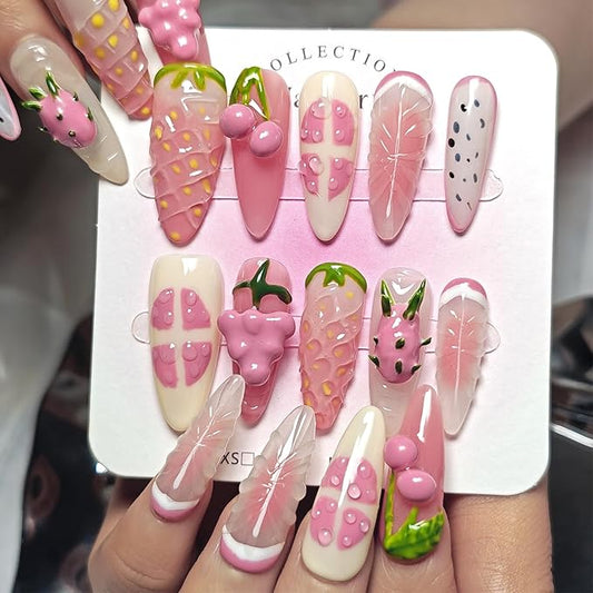 Handmade Acrylic Press On Nails Almond, Long Almond Press On Nails 3D Design, 3D Fruit Strawberry Nails For Women Gift, Reusable Stick On Fake Nails Kit With Nail Glue(Strawberry Fruit Feast-S)