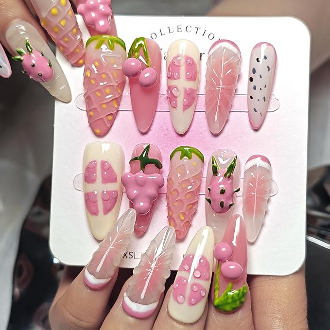 Handmade Acrylic Press On Nails Almond, Long Almond Press On Nails 3D Design, 3D Fruit Strawberry Nails For Women Gift, Reusable Stick On Fake Nails Kit With Nail Glue(Strawberry Fruit Feast-XS)