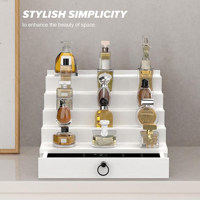 Cologne Organizer for Men, 5 Tier White Cologne Shelf, Perfume Stand with Drawer and Hidden Compartment Perfume Display Holder - A Gift for Men
