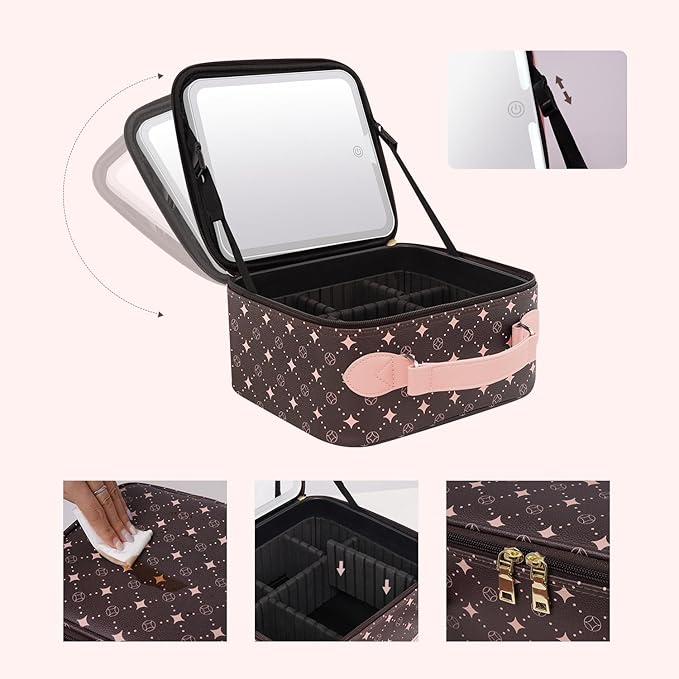 Travel Makeup Bag With 360° rotating LED Mirror,Waterproof cosmetic organizer,Portability Cosmetic case,Makeup organizer,Gift for Women,Girls Gift (Coffee + Pink)