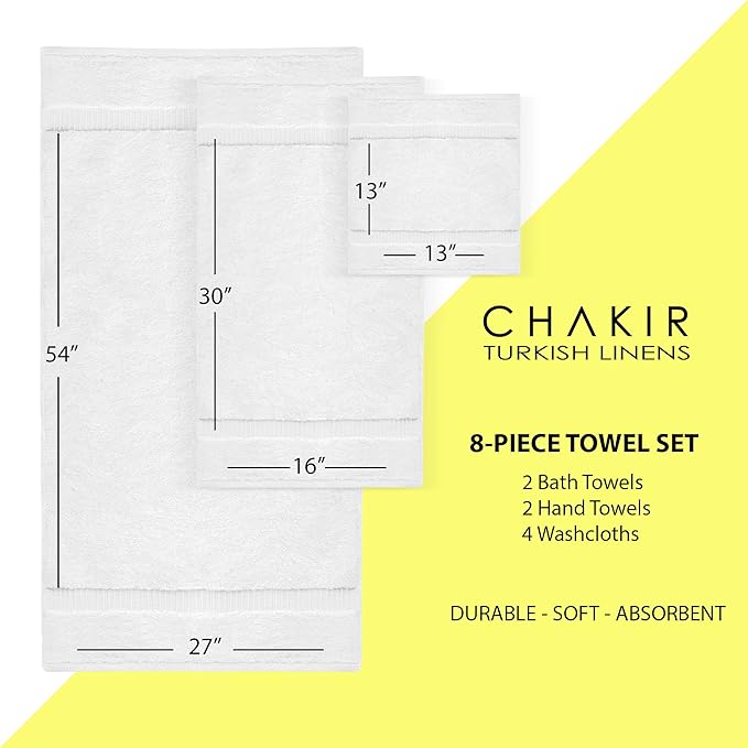 Chakir Turkish Linens Premium Cotton Absorbent Turkish Towels (8-Piece Towel Set, White)