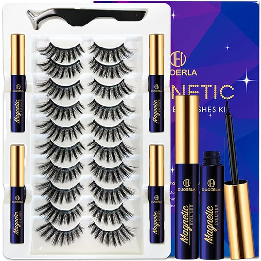 DUOERLA Magnetic Eyelashes Natural Look, 3D Cat Eye Magnetic Lashes Kit with Eyeliner, 10 Pairs of 1 Most Popular style,Reusable Fake Eye Lash, Upgraded Long-Lasting,Waterproof Liquid Liner, Easy Use.