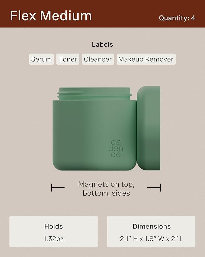 Cadence Travel Containers - Full Skincare Set - Magnetic Travel Capsules - 2 Small (0.56oz), 4 Medium Capsules (1.32oz), & Extender (1.43oz) with Multiple Labels for Better Organization - Eucalyptus