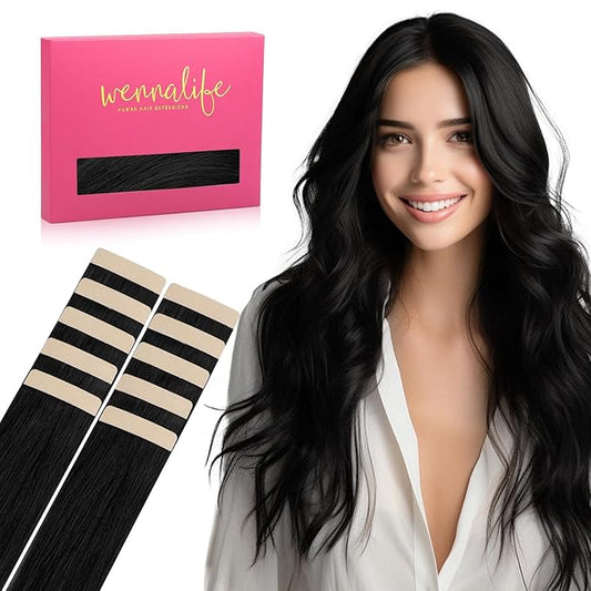 WENNALIFE Tape in Hair Extensions Human Hair Jet Black Tape in Extensions, 10pcs 20g 10 inch Remy Invisible Tape Ins Straight Colored Soft Real Human Hair Tape in Extensions Refill Set Extensions