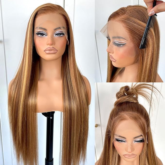 13x6 Highlight Ombre Lace Front Wig Pre Plucked Honey Blonde 4/27 Long Straight HD Lace Front Wigs Yaki Synthetic Glueless Straight Highlight Lace Front Wig 32inch