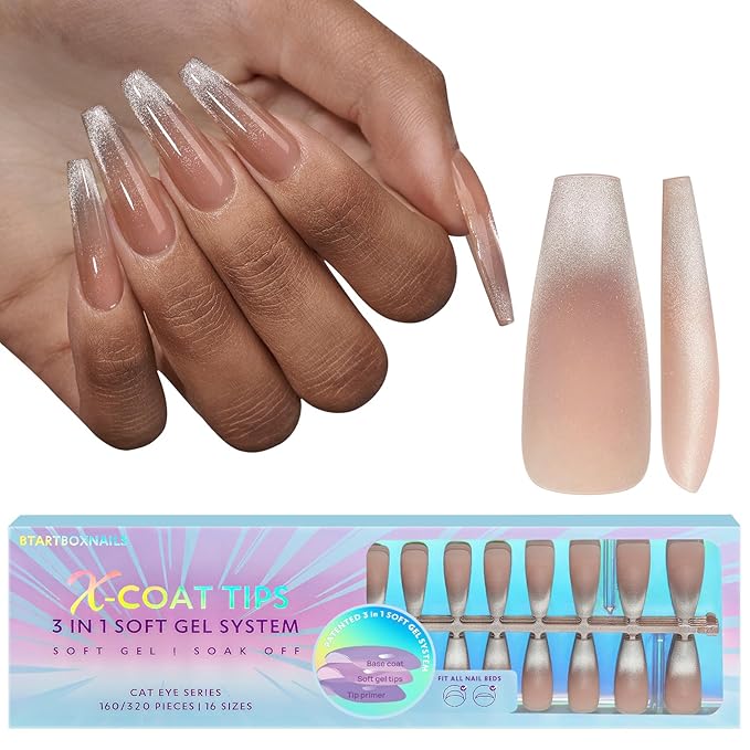 BTArtboxnails XCOATTIPS Long Coffin French Tip Cat Eye Press On Nails with Builder Gel and Mini Nail Lamp Set