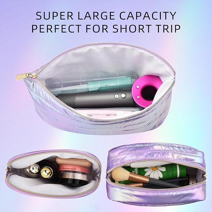 Hiroyuki 3pcs Iridescent Quilted Makeup Bag (plain, purple)