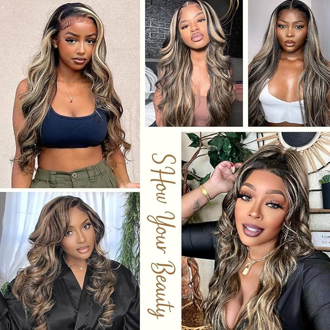13x4 Highlight Black and Blonde Lace Front Wig Human Hair Pre Plucked 1B/27 Ombre Lace Front Wig Human Hair 200% Density Colored Glueless Wigs Human Hair 22 Inch