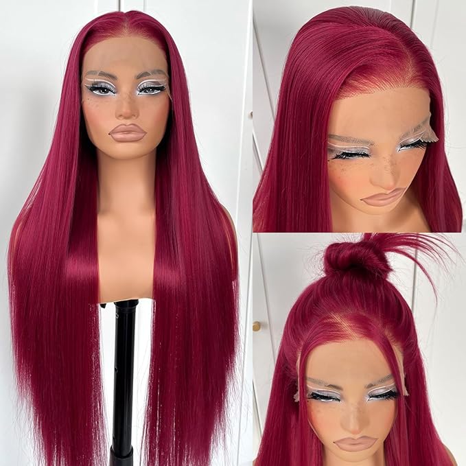 13x6 Red Straight HD Lace Front Wig Pre-Plucked Glueless Long Straight 99j Burgundy Lace Front Wigs Synthetic Red Wear And Go Lace Front Wigs