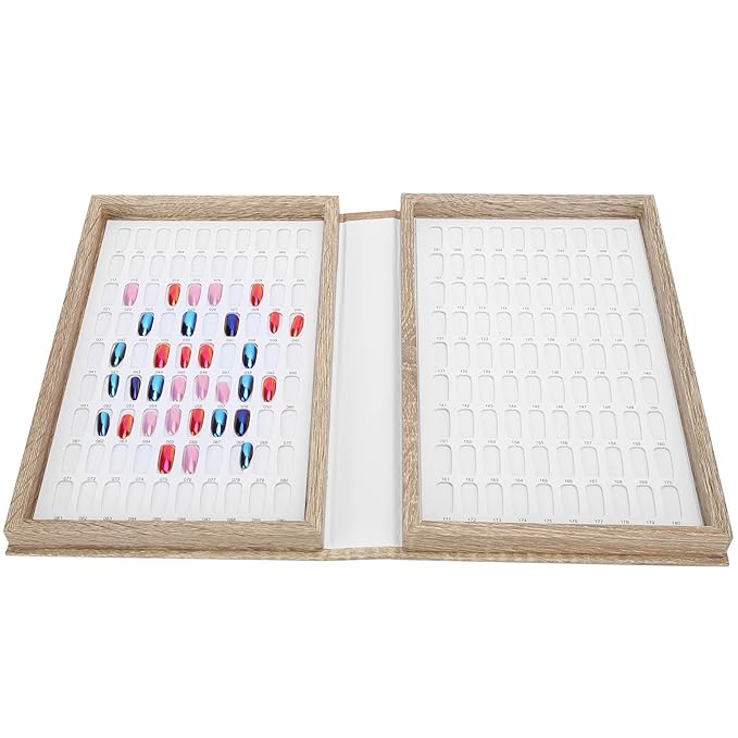 180 Colors Nail Color Display Book - Wood Nail Gel Polish Display Book False Nail Tip Display Board Reusable Nail Practice Design Board Nail Color Swatches Color Design Chart Card (01)