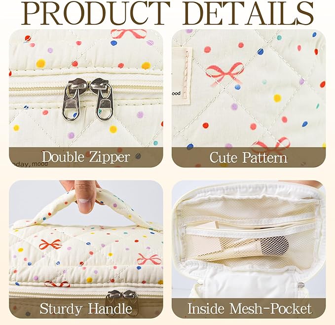 3Pcs Quilted Makeup Bag, Cute Floral Cotton Cosmetic Bag set, Coquette Bow Makeup Pouch Large Travel Toiletry Bag