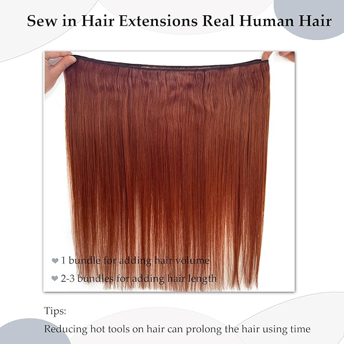 Sew in Hair Extensions Real Human Hair, Hand Tied Human Hair Weft Extensions 14 Inch Dark Auburn Brown Double Weft Full Head Straight Human Hair Weaves Bundles 80G Hair Wefts Weave Hair Extensions