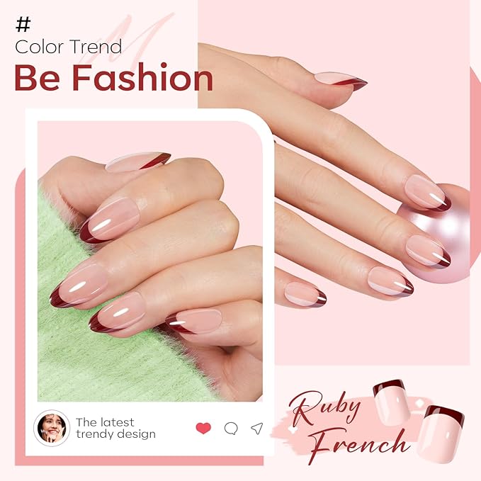 Modelones Press on Nails Almond, Short Red French Tip Fake Nails Chrome, Spring Easter Nail Kit with Nail Glue Adhesive Tabs Mini Nail File, Nails Press Ons 32Pcs 16 Sizes, Women Girl Gift