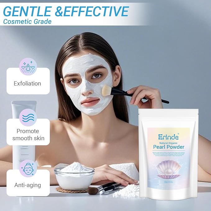 Erinde Freshwater Pearl Powder Organic, 10.58 OZ / 300g Natural Pearls for Skin Care, Cosmetic Grade, Organic Pearl Powder for DIY Face Mask, Cream & Lotion, Deep Cleansing, Anti-Aging Facial Mask