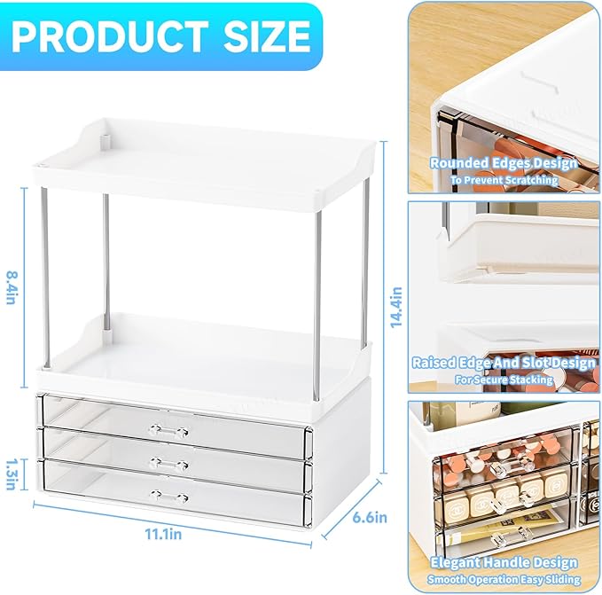 2 Tier 3-Drawer Bathroom Counter Storage Organizer - Stackable Design - 14.4" Tall Large Beauty Product Organizer Suitable as Makeup,Beauty,Face Product,Lotion,Skincare Organizer,White