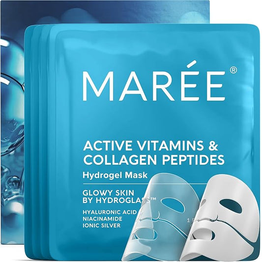MAREE Hydrogel Collagen Facial Mask with Hyaluronic Acid — Hydrating Face Masks Skincare — Niacinamide, Amino Acids & Red Algae Extract — Facial Masks For Women — Mascarillas Para La Cara — 4 Count