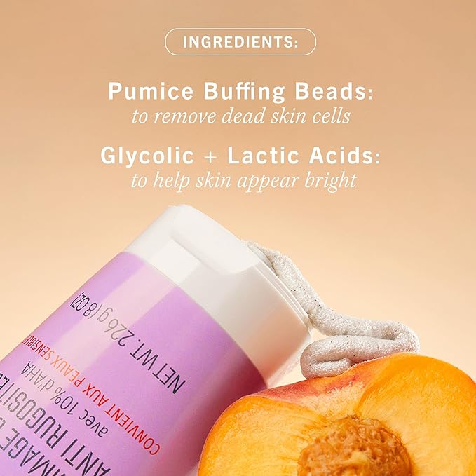 First Aid Beauty - KP Bump Eraser Body Scrub with 10% AHA, Keratosis Pilaris Exfoliator with Glycolic and Lactic acids, Helps Reduce Chicken Skin Bumps, Safe for Sensitive Skin, NEW Peach Scent (2 oz)