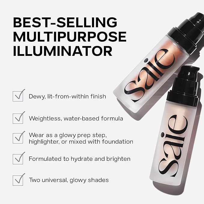 Saie Mini Glowy Super Gel Lightweight Illuminator - Luminizer + Makeup Primer for Glowing Skin - Enriched with Vitamin C + Hydrating Squalane Oil - Sunglow (0.5 oz)