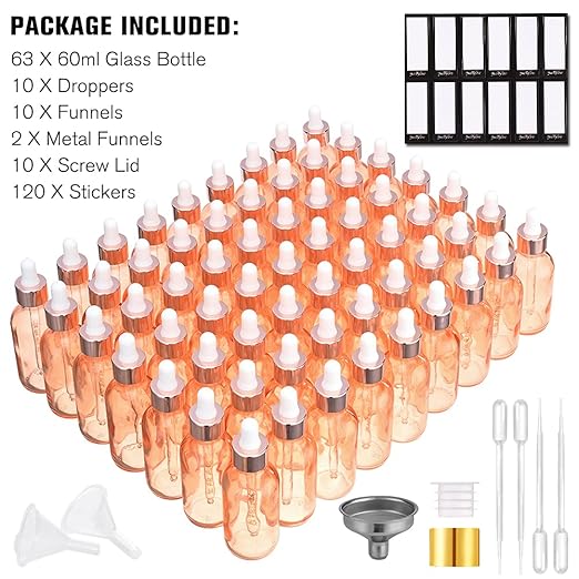 PrettyCare 2 oz Tincture Bottles with Dropper (63 Pack Rose Glass Eye Dropper Bottle 60 ml with Measured Pipettes, Golden Caps, Labels, Funnels & Plastic Pipettes) for Essential Oils
