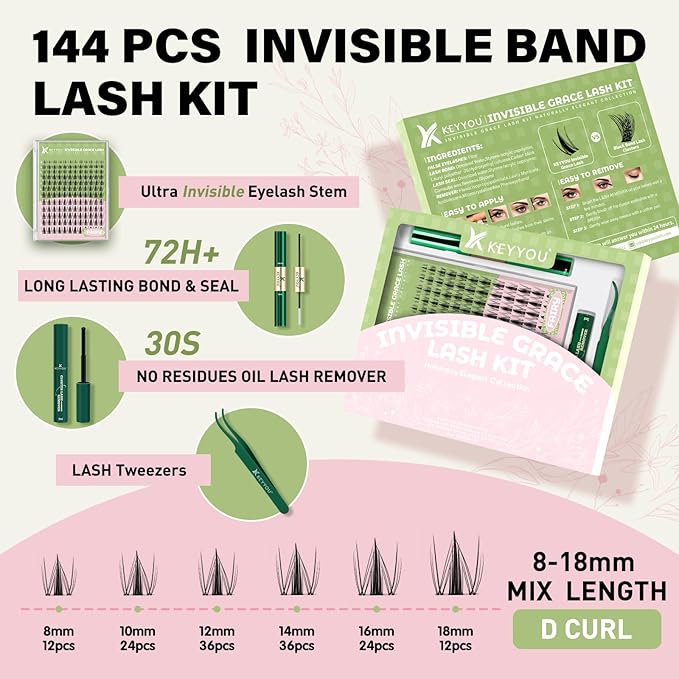 Fairy Lash Clusters Kit Manga Lash Extension Kit D Curl KEYYOU 144Pcs Eyelash Extension Kit Wispy Natural Invisible Band Lash Kit with Waterproof DIY Lash Extension Kit at Home(Fairy-D-8-18MIX)