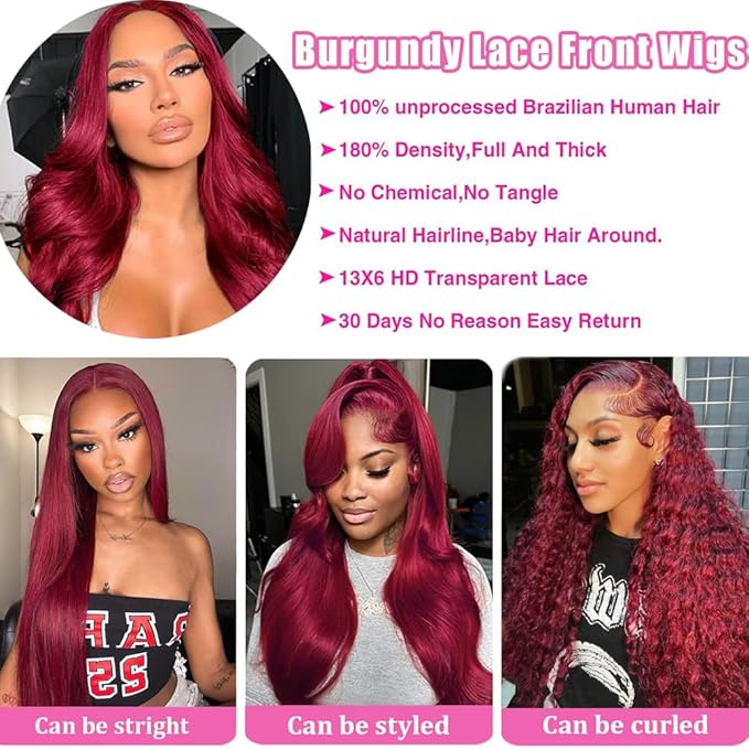30 Inch 99J Burgundy Lace Front Wigs Human Hair Red Wig Body Wave Lace Front Wigs Human Hair 13x6 HD Lace Front Wigs Human Hair Wigs for Black Women Glueless Wigs Human Hair 180% Density