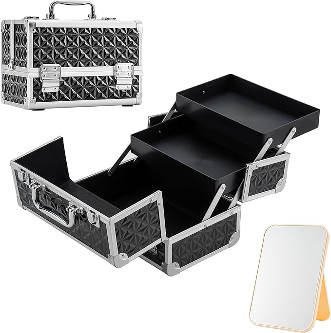 Leeora&Leekoo Makeup Train Case Cosmetic Box Portable Makeup Case Organizer 2 Trays Makeup Storage with Mirror for Cosmetologist Aesthetic Supplies Nail Tech Traveling Makeup Box (Black)