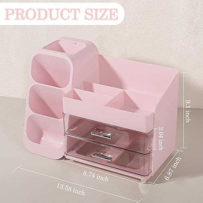Anyoifax Makeup Organizer with Drawers Vanity Organizer Countertop with Brush Holder Large Perfume Organizer for Dresser Skin Care and Lotion Storage for Nail Polish, Lipsitck, Palettes, Pink