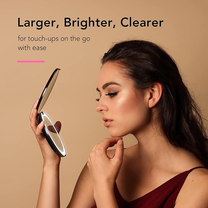 Fancii Taylor LED Lighted Travel Makeup Mirror, Rechargeable with 10x/1x Magnifying & 3 Light Settings - Compact, Portable, Large 5” Wide Hand Mirror for Handbag and Purses (Black)