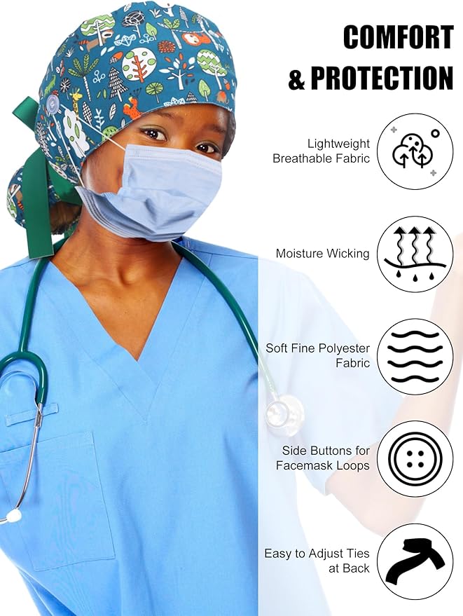 6 Pcs Satin Lined Scrub Caps Women Nurse Surgical Hat with Buttons Ponytail Working Adjustable Pouch Tie Back