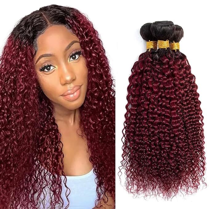 99j Curly Weave Bundles 1B99j Human Hair Kinky Curly Bundles #1B and Burgundy Human Hair two tone Brazilian Extensions Wet Wavy for Women 26-30 Inch