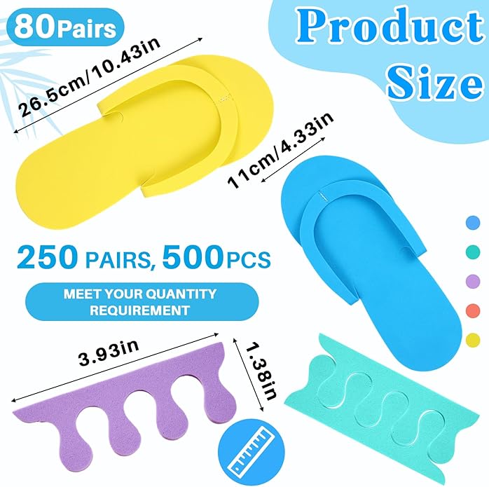 330 Pairs Disposable Pedicure Slippers and Toe Separators Kit Include 80 Disposable Foam Pedicure Flip Flops 250 Pairs Toe Separators for Women Nail Spa Party