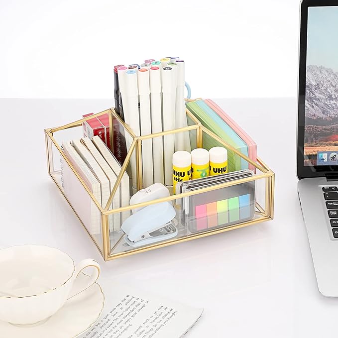 Hipiwe 360 Rotating Makeup Organizer Gold Glass Perfume Cosmetic Display Case 5-Slot Makeup Carousel Spinning Holder Bathroom Storage Organizer for Vanity Lipsticks Skincare Makeup Brushes