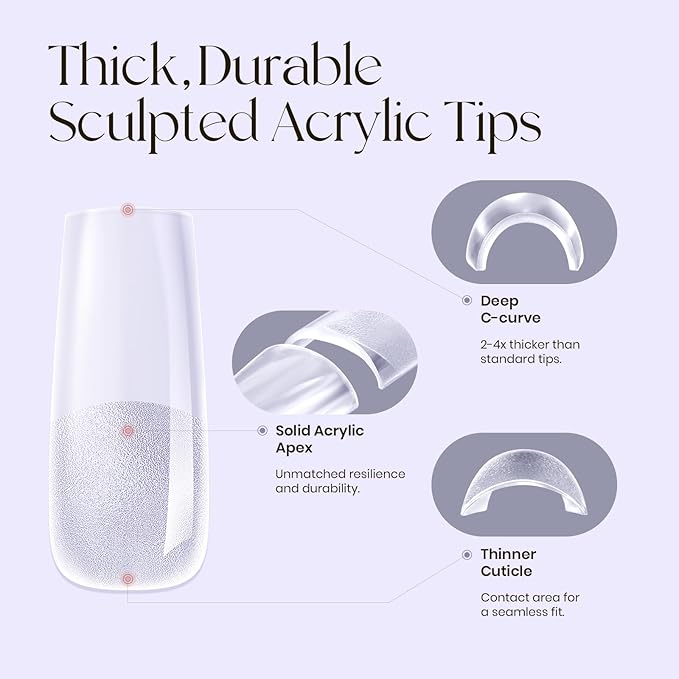 Tipex Nail Tips Kit,Pre-etched Acrylic Hard Nail Tips Set for Beginners,Long Square Full Cover Press On Nails,Deep C Curve Flat Nails,UV Nail+Glue+LED Lamp+Base Gel
