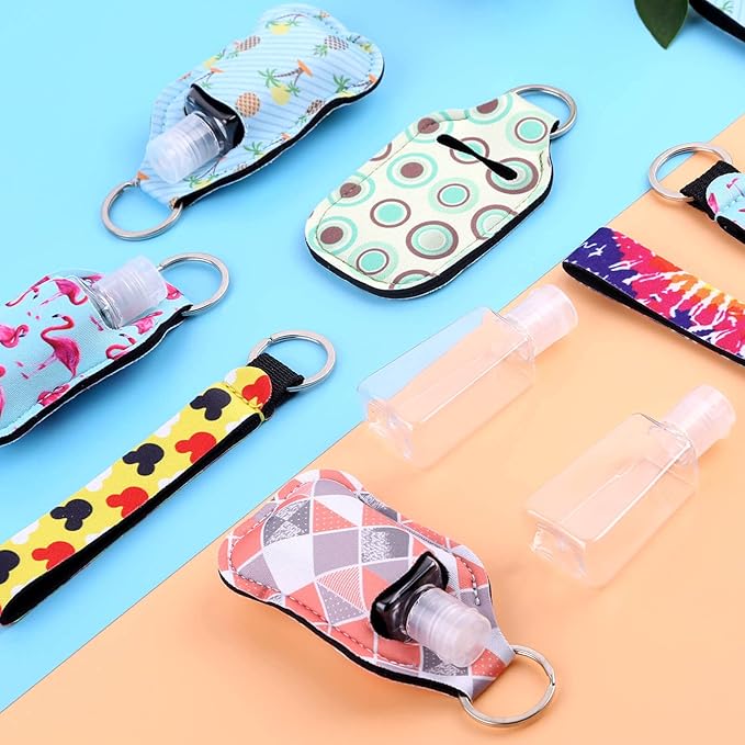 Empty Hand Sanitizer Holders Set 60pcs, Include 20 Portable Refillable Travel Bottle Container with Flip Cap, 20 Reusable Bottle Holders, 20 Wristlet Keychain