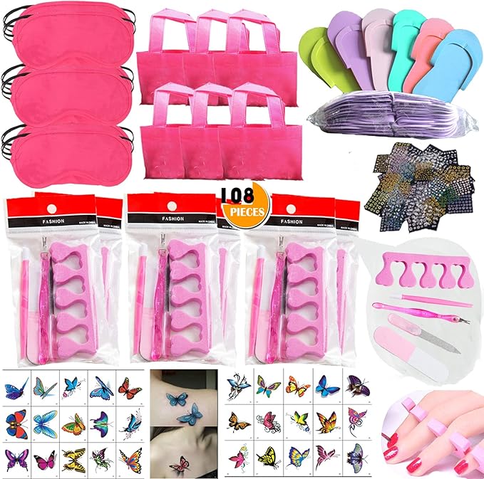 108PC Spa Party Favors Supplies for Girls, Multiple Spa Birthday Prize Item- Spa Pedicure Slipper Tote Bag Mini Emery Board Toe Separator Body Flower Mixed Nail Decal Set, Perfect Gift for Spa Day