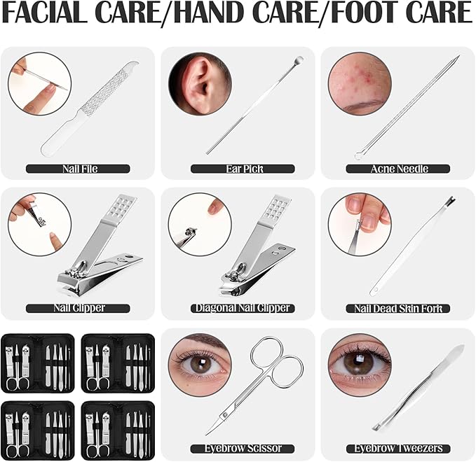 Coume 24 Sets Nail Kit Manicure Set Bulk with Zipper Professional Nail Clippers 8 in 1 Stainless Steel Nail Care Tools with Luxurious Travel Case Gifts for Men Women Friends Colleagues (Black)