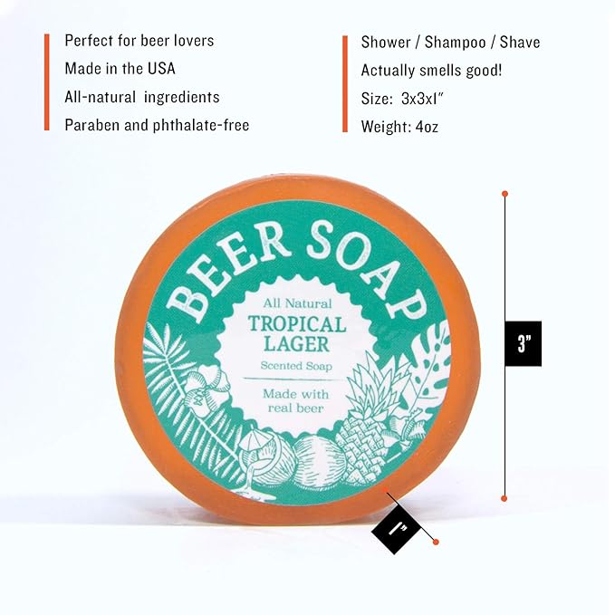 Beer Soap (Tropical Lager) - All Natural + Made in USA. Actually Smells Good! Perfect For Beer Lovers